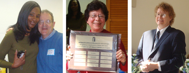 Desiree thanks Allan Cole for computer installation, Doris Schattschneider shows the appreciation plaque, and Rev. Andy Meckstroth presides over the dedication service and celebration.